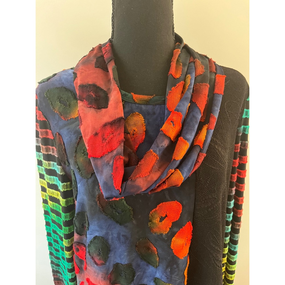 Calessa Size L Artsy Tunic Top Lagenlook Patchwork Polka Dot Striped Sleeve Boho - Picture 4 of 11